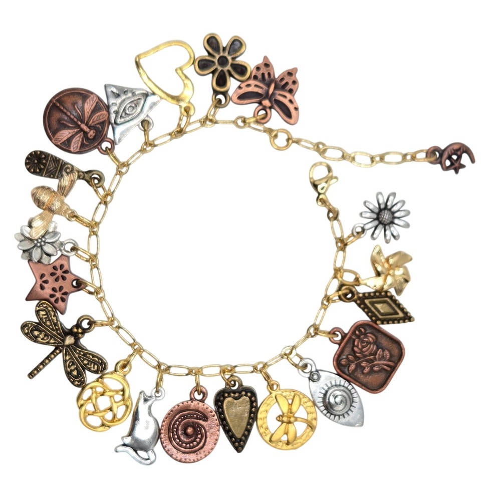 Handmade Boho Nature Mixed Metal Multi Charm Bracelet Dragonfly Heart Cat Flower